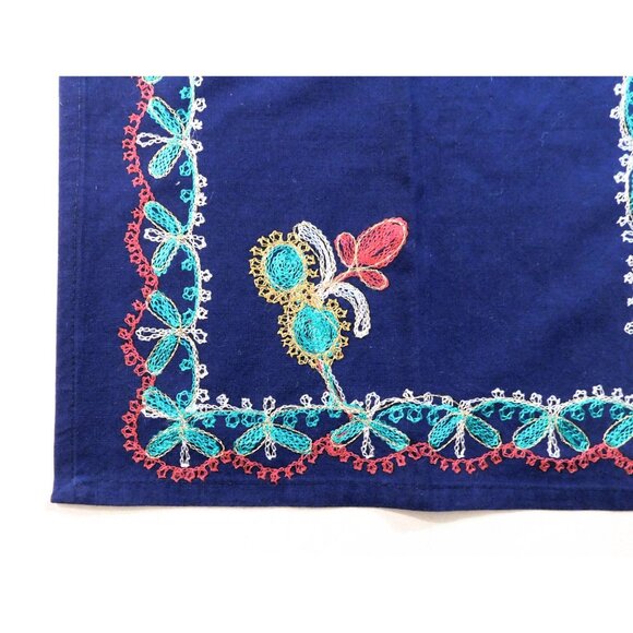 Aghabani Tablecloth & 12 Napkins Set Multicolor Embroidered on Blue 96x56 Inches - Picture 13 of 14